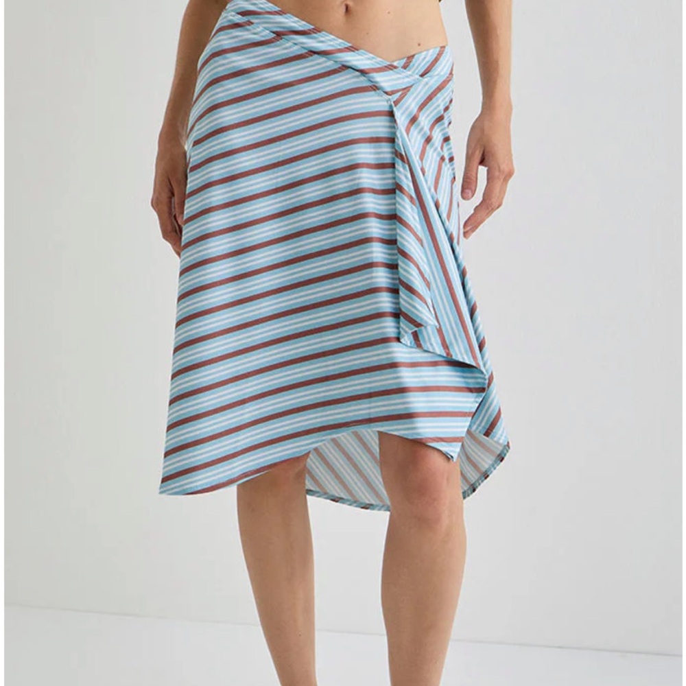 Motel Rocks Blue and Brown Striped Wrap Midi Skirt